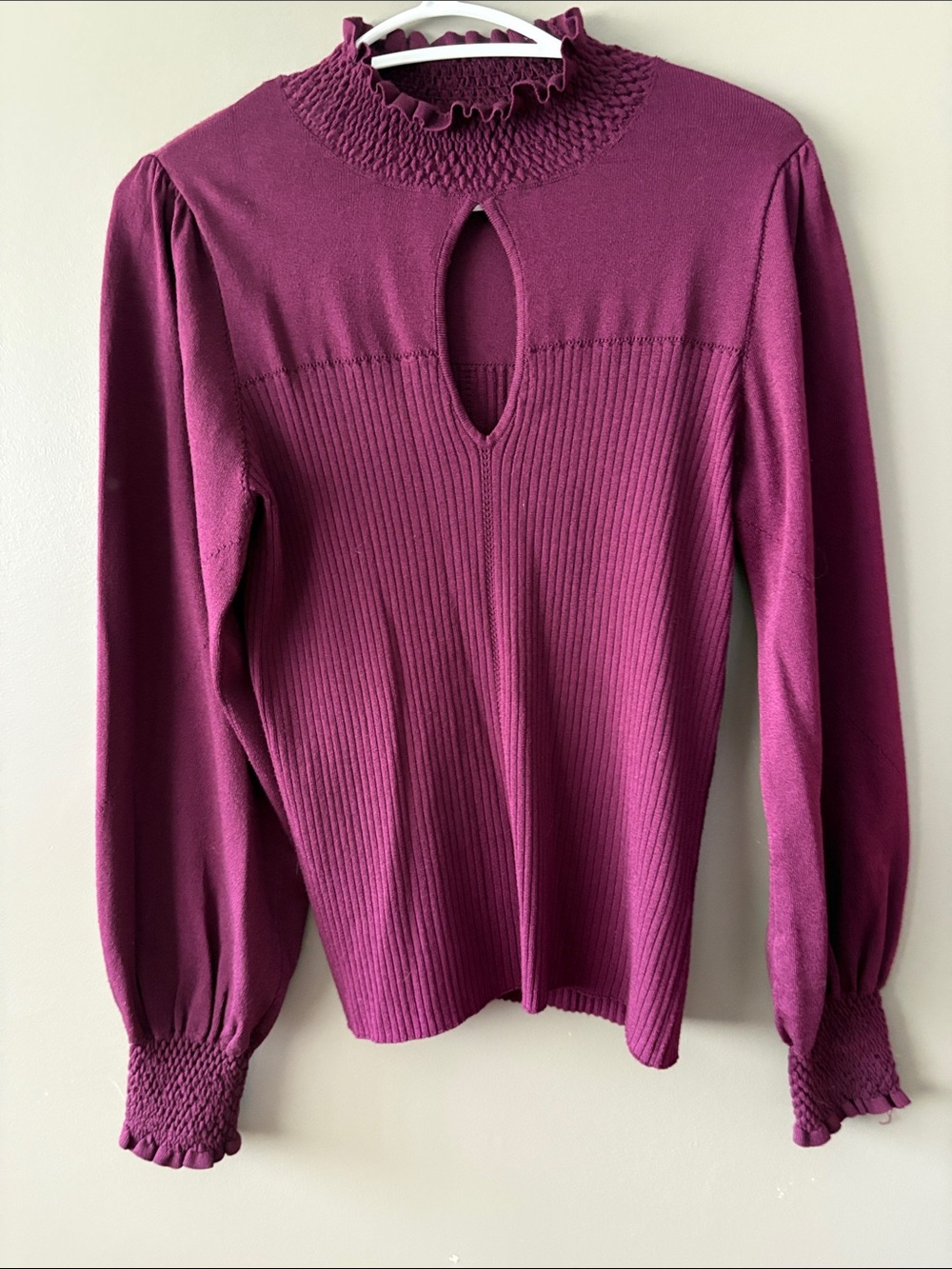 Ribbed Keyhole Long-Sleeve Top in Plum